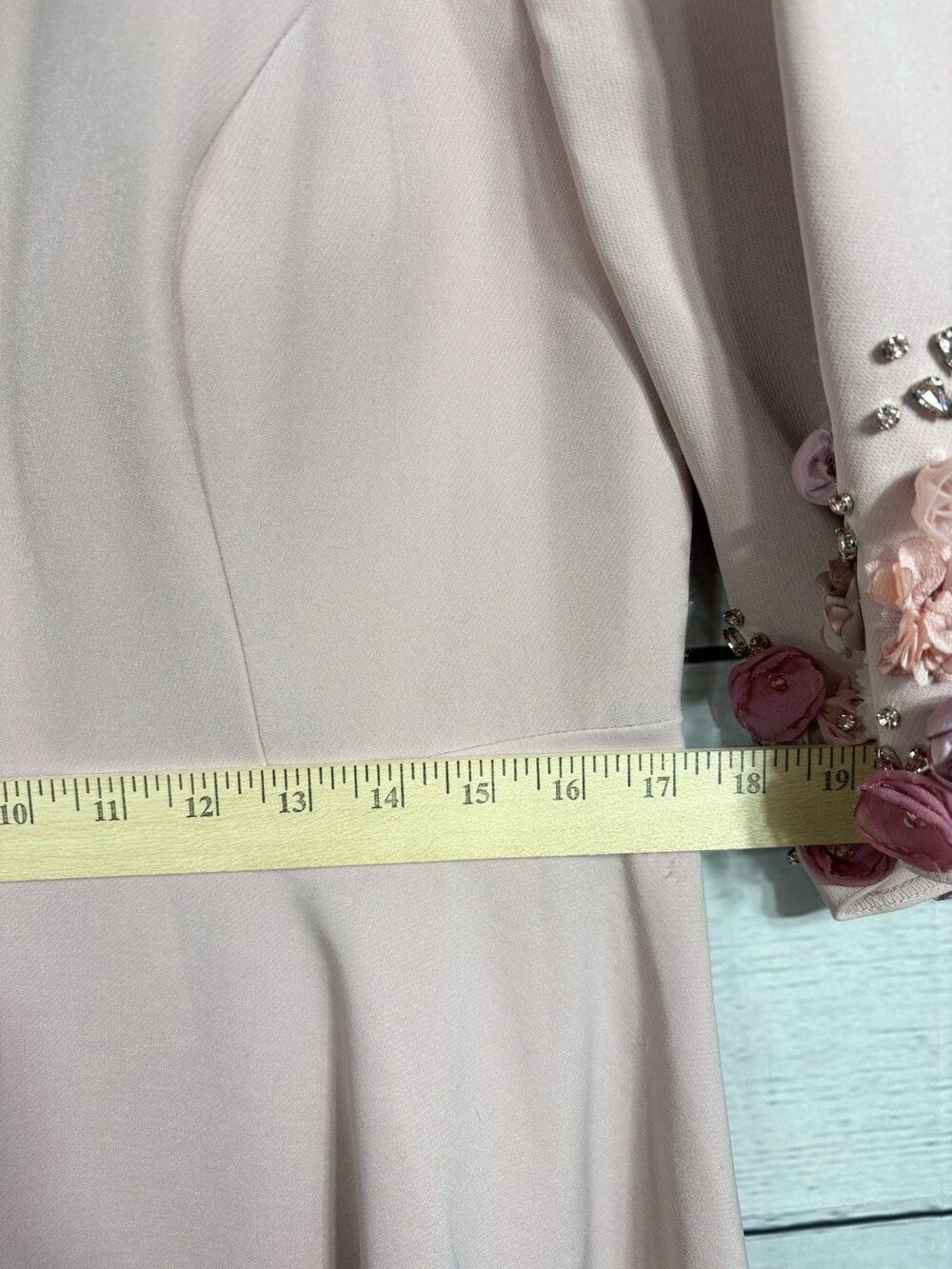 Mac Duggal 11854 Pink Crepe 3/4 Sleeve A-line Gown With Flower Trim Sz 12 NWT - Picture 6 of 14